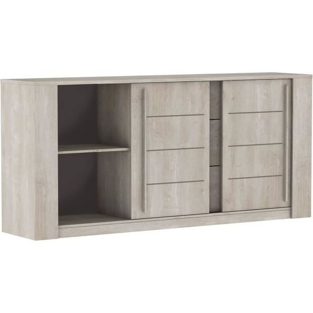 DEMEYERE Woonkamerset Eettafel 170 cm + 2 deurs dressoir + 1 vitrinekast - Eiken/Licht betondecor - ANTIBES