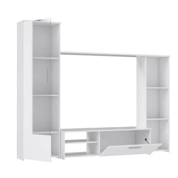 PILVI TV-wandkast - Melaminedeeltjes - Matwit decor - glazen deur + 1 klep + 5 nissen - L220 x D41 x H177,5 cm