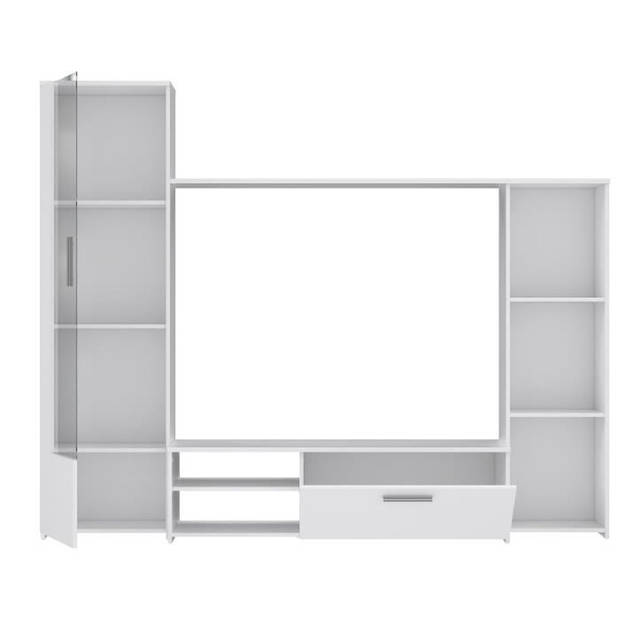 PILVI TV-wandkast - Melaminedeeltjes - Matwit decor - glazen deur + 1 klep + 5 nissen - L220 x D41 x H177,5 cm