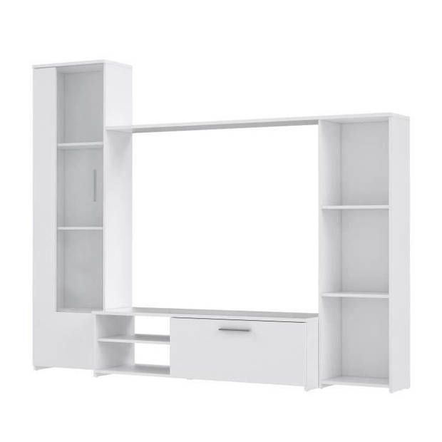 PILVI TV-wandkast - Melaminedeeltjes - Matwit decor - glazen deur + 1 klep + 5 nissen - L220 x D41 x H177,5 cm