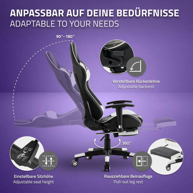 Gaming stoel met uittrekbare voetsteun 2D armsteun zwart/wit in kunstleer ML-Design
