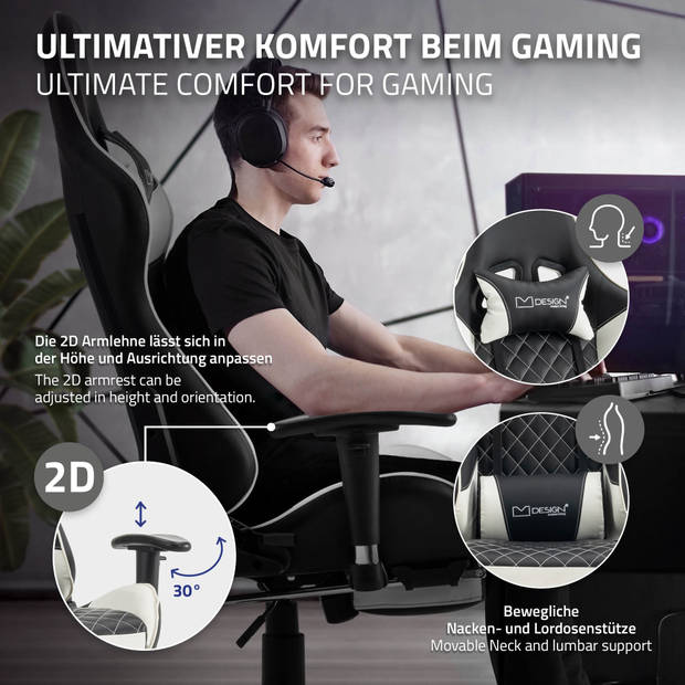 Gaming stoel met uittrekbare voetsteun 2D armsteun zwart/wit in kunstleer ML-Design