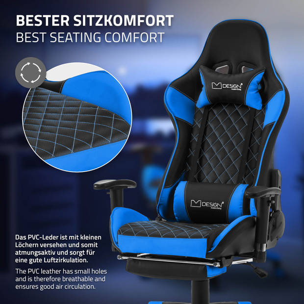 Gaming stoel met uittrekbare voetsteun 2D armsteun Zwart/Blauw in kunstleer ML Design