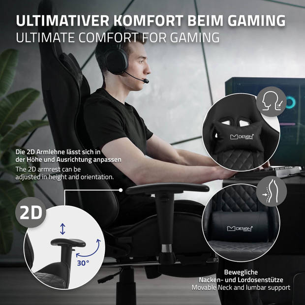 Gaming stoel met uittrekbare voetensteun 2D armleuning Zwart kunstleer ML Ontwerp