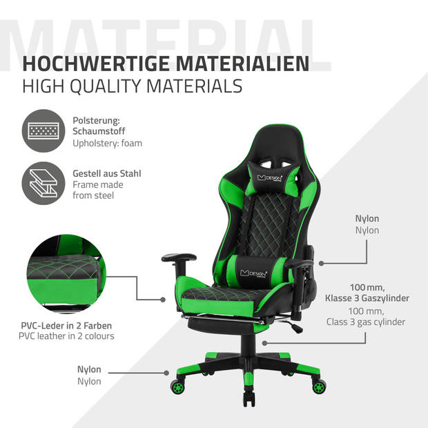 Gaming stoel met uittrekbare voetsteun 2D armsteun zwart/groen in kunstleer ML-Design
