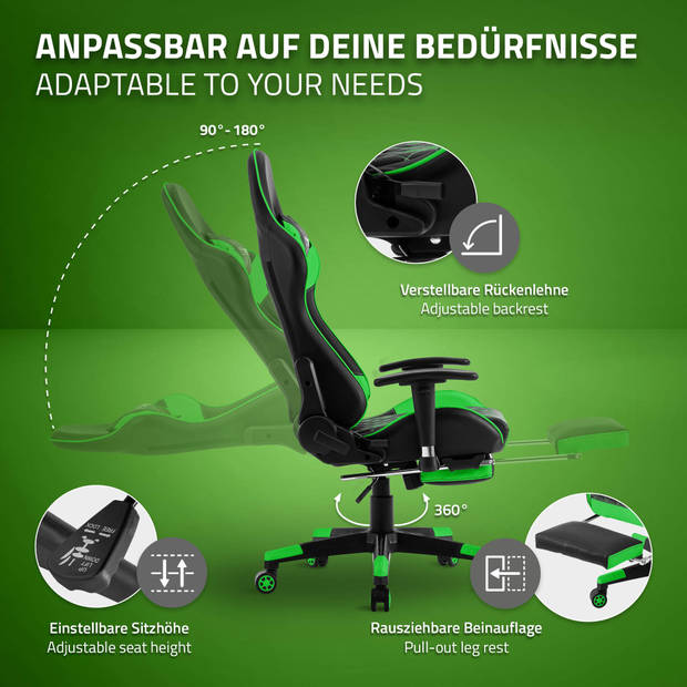 Gaming stoel met uittrekbare voetsteun 2D armsteun zwart/groen in kunstleer ML-Design