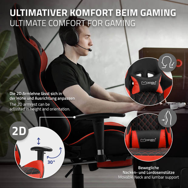 Gaming stoel met uittrekbare voetsteun 2D armsteun zwart/rood in kunstleer ML-Design
