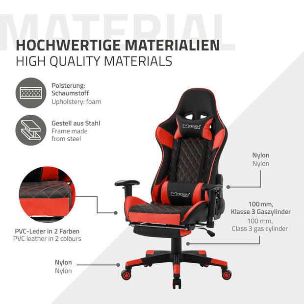 Gaming stoel met uittrekbare voetsteun 2D armsteun zwart/rood in kunstleer ML-Design