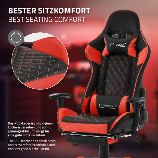 Gaming stoel met uittrekbare voetsteun 2D armsteun zwart/rood in kunstleer ML-Design