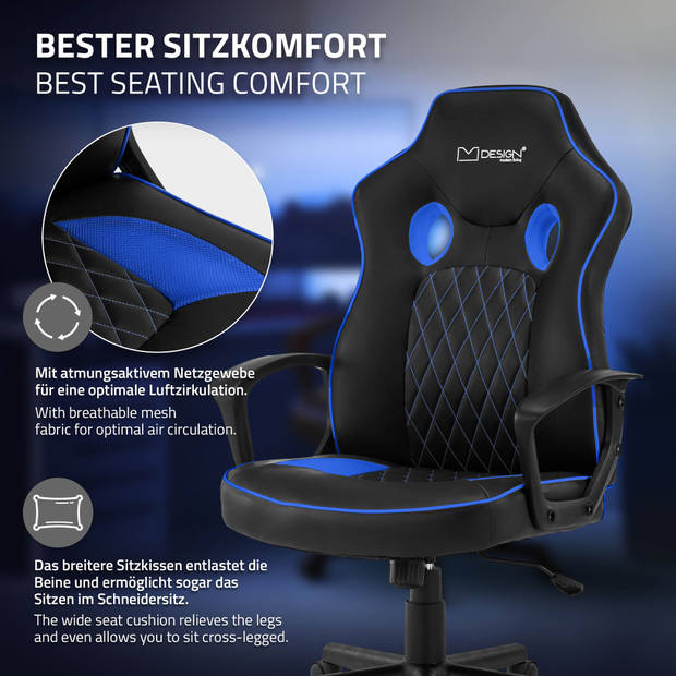 Gaming stoel met schommelfunctie brede zitting zwart/blauw imitatieleer ML-Design