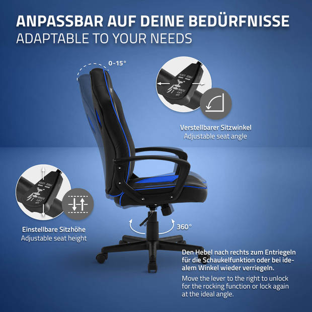 Gaming stoel met schommelfunctie brede zitting zwart/blauw imitatieleer ML-Design