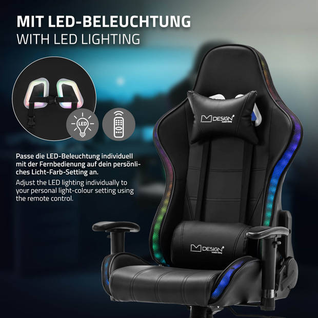 Gaming stoel met RGB-verlichting en Bluetooth-boxen Zwart in kunstleer ML Design