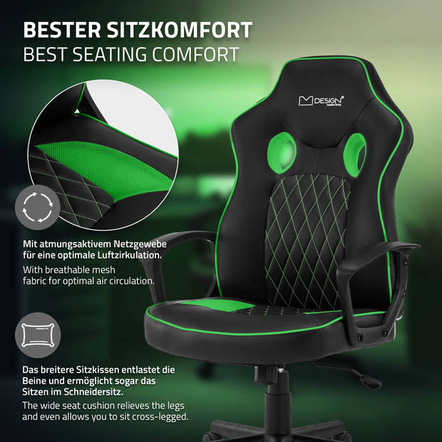 Gaming stoel met schommelfunctie brede zitting zwart/groen imitatieleer ML-Design
