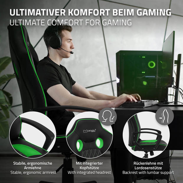 Gaming stoel met schommelfunctie brede zitting zwart/groen imitatieleer ML-Design