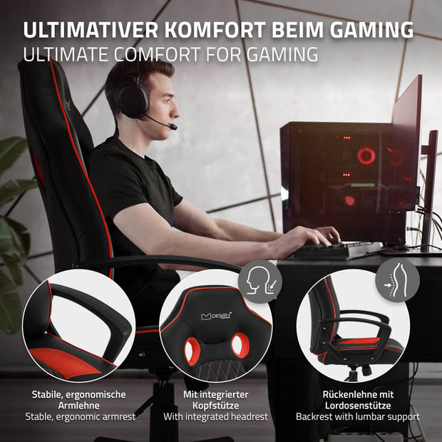 Gaming stoel met schommelfunctie brede zitting zwart/rood imitatieleer ML-Design