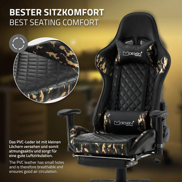 Gaming stoel met uittrekbare voetsteun 2D armleuning Zwart/Camuflage in kunstleder ML-Design