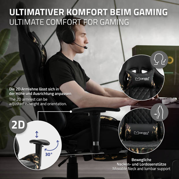 Gaming stoel met uittrekbare voetsteun 2D armleuning Zwart/Camuflage in kunstleder ML-Design