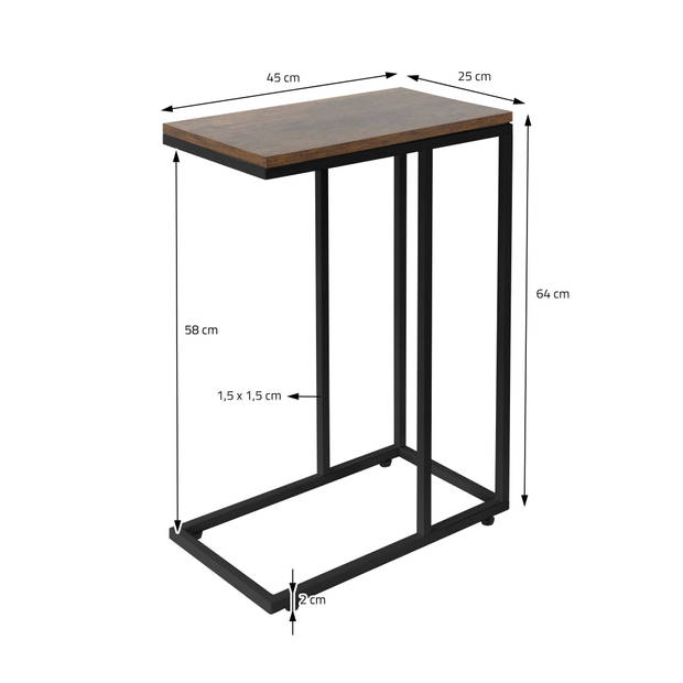 Bijzettafel C-vorm 45x25x64 cm Zwart/Bruin hout met metalen frame ML-Design