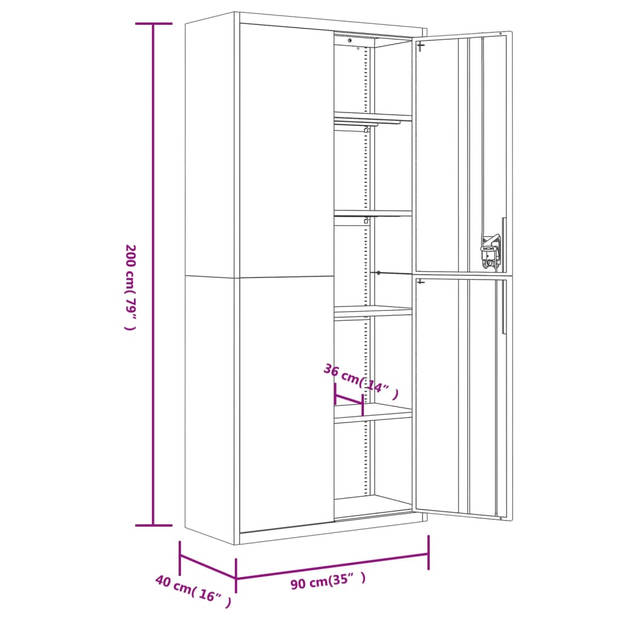 vidaXL Archiefkast 90x40x200 cm staal lichtgrijs