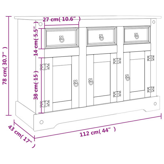 vidaXL Dressoir Corona 112x43x78 cm massief Mexicaans grenenhout bruin