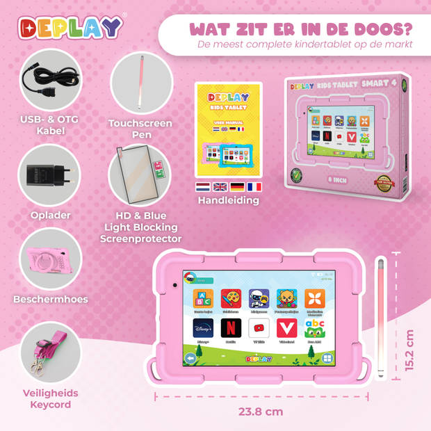 DEPLAY Kindertablet SMART 4 - 5000 mAh - Pen, Beschermhoes & Screenprotector - Android 13 - 8 Inch - Roze