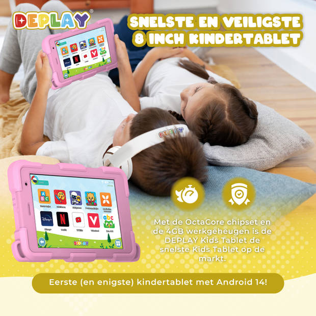 DEPLAY Kindertablet SMART 4 - 5000 mAh - Pen, Beschermhoes & Screenprotector - Android 14 - 8 Inch - Roze