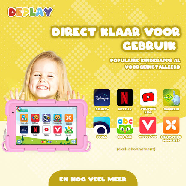 DEPLAY Kindertablet SMART 4 - 5000 mAh - Pen, Beschermhoes & Screenprotector - Android 14 - 8 Inch - Roze