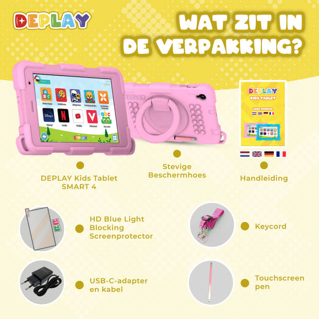 DEPLAY Kindertablet SMART 4 - 5000 mAh - Pen, Beschermhoes & Screenprotector - Android 14 - 8 Inch - Roze