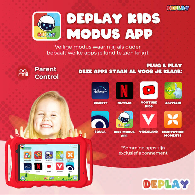 DEPLAY Kindertablet SMART 8" - 5000 mAh - Pen, Beschermhoes & Screenprotector - Android 13 - 8 Inch - Rood