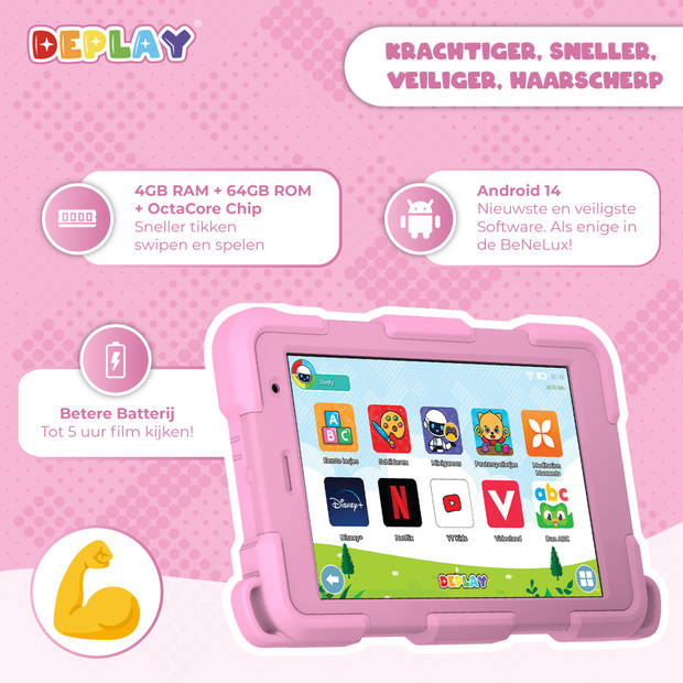 DEPLAY Kindertablet SMART 4 - 5000 mAh - Pen, Beschermhoes & Screenprotector - Android 13 - 8 Inch - Roze