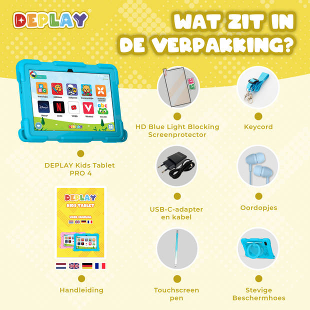 DEPLAY Kids Tablet PRO 4 - Kindertablet - 6000 mAh - Pen, Beschermhoes & Screenprotector - Android 14 - 10 Inch - Blauw