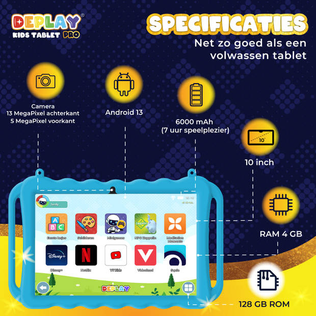 DEPLAY Kids Tablet PRO - Kindertablet - 6000 mAh - Pen, Beschermhoes & Screenprotector - Android 13 - 10 Inch - Blauw