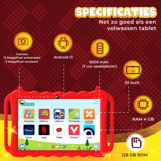 DEPLAY Kids Tablet PRO - Kindertablet - 6000 mAh - Pen, Beschermhoes & Screenprotector - Android 13 - 10 Inch - Rood