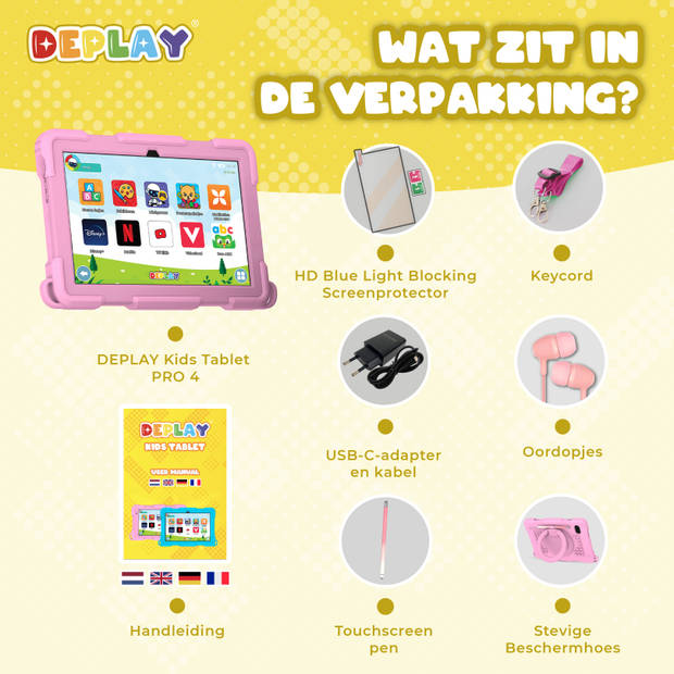 DEPLAY Kids Tablet PRO 4 - Kindertablet - 6000 mAh - Pen, Beschermhoes & Screenprotector - Android 14 - 10 Inch - Roze