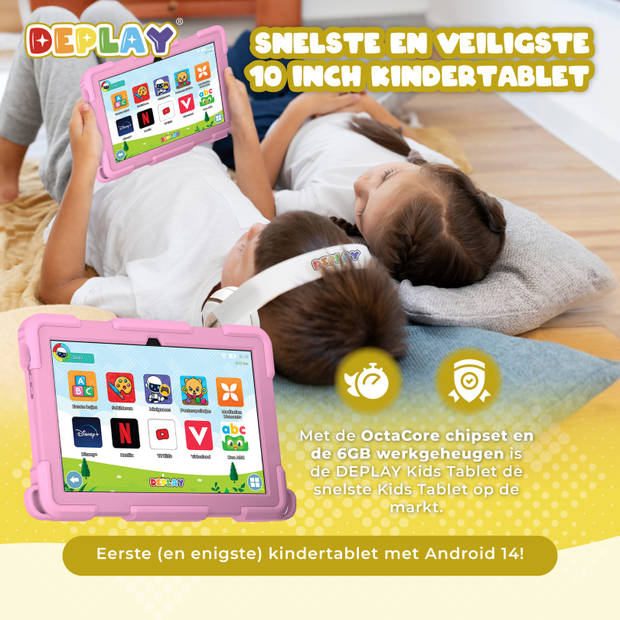 DEPLAY Kids Tablet PRO 4 - Kindertablet - 6000 mAh - Pen, Beschermhoes & Screenprotector - Android 14 - 10 Inch - Roze