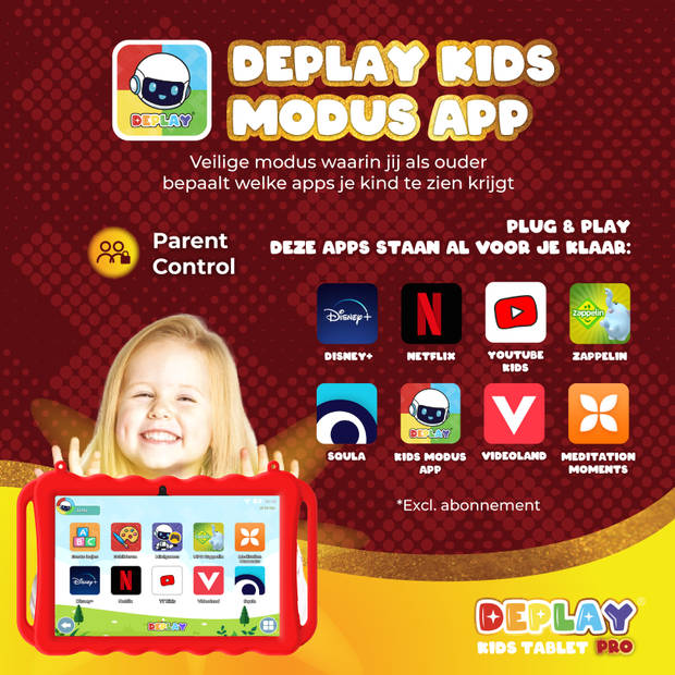 DEPLAY Kids Tablet PRO - Kindertablet - 6000 mAh - Pen, Beschermhoes & Screenprotector - Android 13 - 10 Inch - Rood