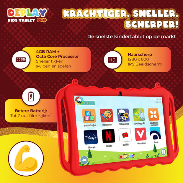 DEPLAY Kids Tablet PRO - Kindertablet - 6000 mAh - Pen, Beschermhoes & Screenprotector - Android 13 - 10 Inch - Rood