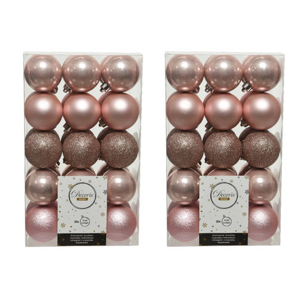 60x stuks kunststof kerstballen lichtroze (blush) 6 cm glans/mat/glitter - Kerstbal