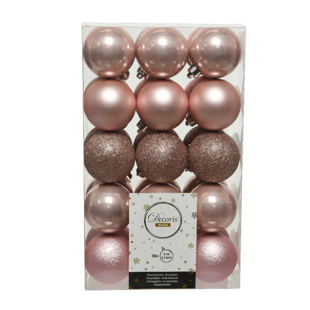 60x stuks kunststof kerstballen lichtroze (blush) 6 cm glans/mat/glitter - Kerstbal