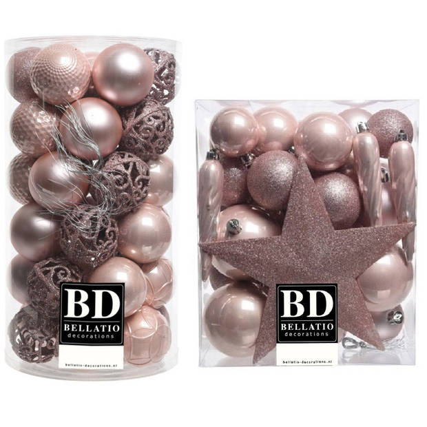 70x stuks kunststof kerstballen met ster piek lichtroze (blush pink) mix - Kerstbal