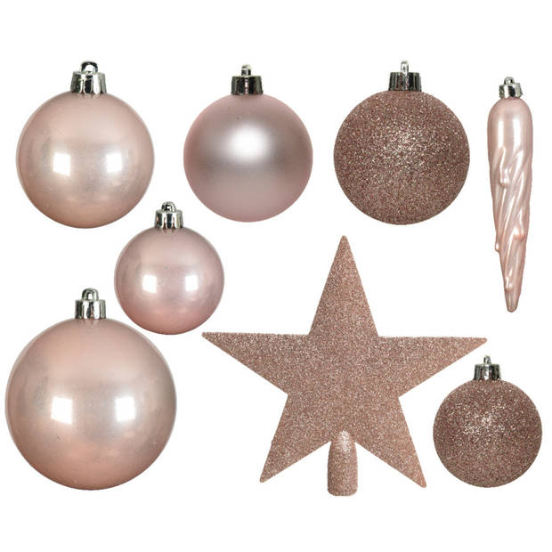 70x stuks kunststof kerstballen met ster piek lichtroze (blush pink) mix - Kerstbal