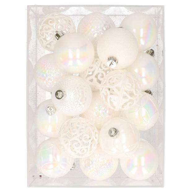 37x stuks kunststof kerstballen parelmoer wit 6 cm glans/mat/glitter mix - Kerstbal