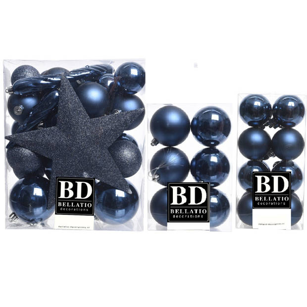 55x stuks kunststof kerstballen met ster piek donkerblauw mix - Kerstbal