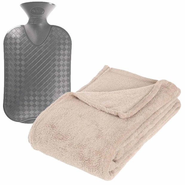 Fleece deken/plaid Licht Beige 125 x 150 cm en een warmwater kruik 2 liter - Plaids