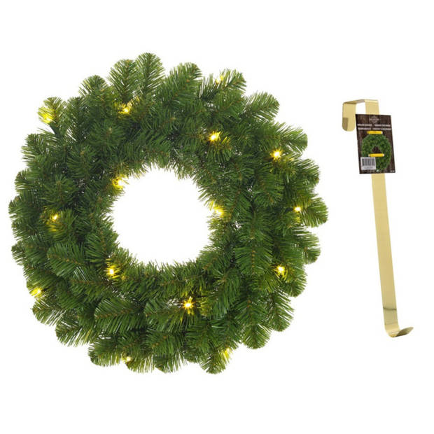 Groene verlichte kerstkransen/deurkransen met 30 LEDS 60 cm en met gouden hanger - Kerstkransen