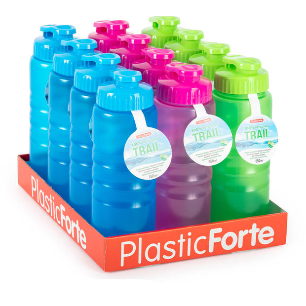 Plasticforte Drinkfles/waterfles/bidon - 650 ml - transparant/groen - kunststof - Drinkflessen