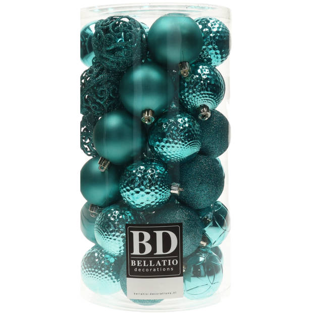 37x stuks kunststof kerstballen turquoise blauw 6 cm glans/mat/glitter mix - Kerstbal