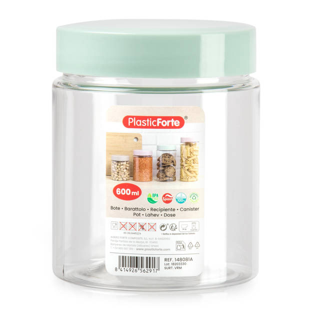 Voorraadpot/bewaarpot - 600 ml - kunststof - mint groen - B10 x H12 cm - Voorraadpot