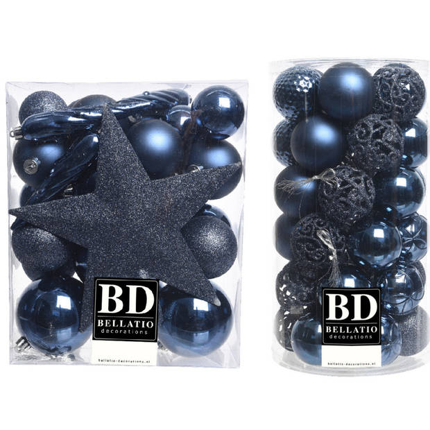 70x stuks kunststof kerstballen met ster piek donkerblauw 5, 6 en 8 cm - Kerstbal