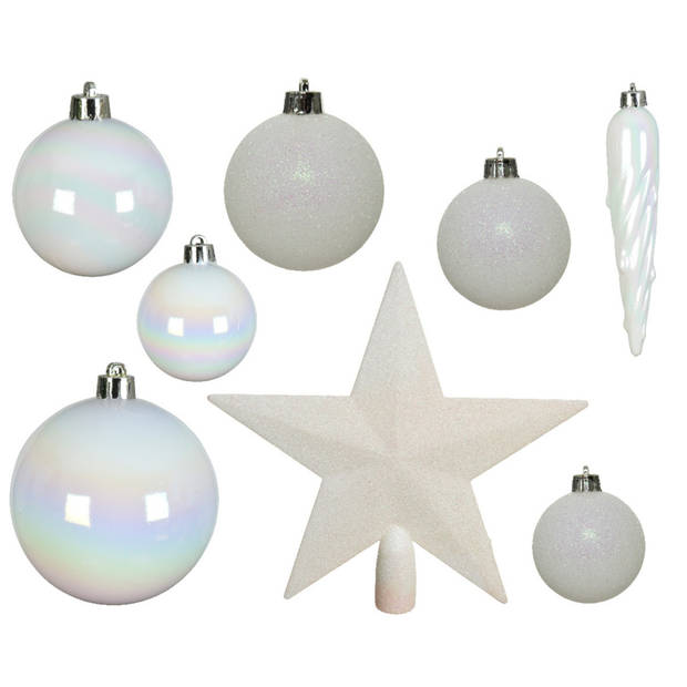 Kerstversiering kunststof kerstballen met piek parelmoer wit 5-6-8 cm pakket van 39x stuks - Kerstbal